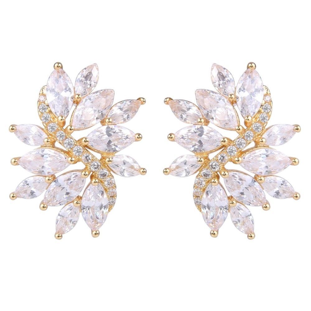 Yellow Gold with White Diamond Cubic Zirconia Floral Leaf Post Stud Earrings